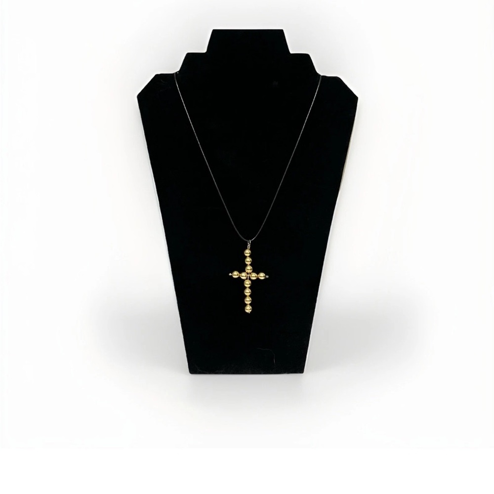 Pendant Gold Beaded Cross On Black Leather Cord Handmade